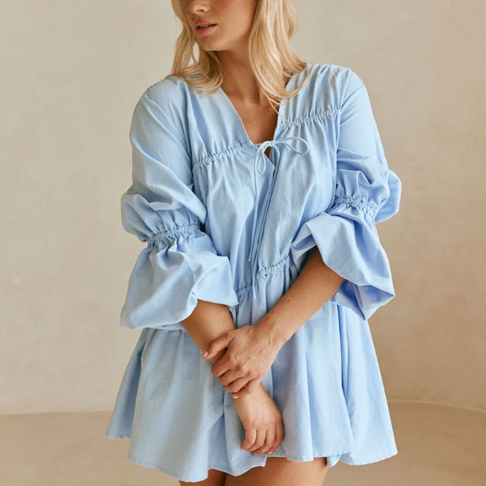 Sabo light blue puff long sleeve tiered flounce mini dress with bow, size XS